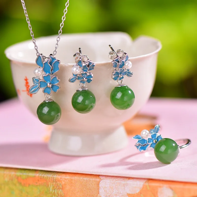 

S925 Silver Inlaid Hetian Jade Jasper Round Bead Enamel Small Flower Pendant Earrings Ring Three-Piece Set