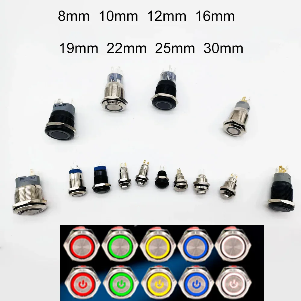 12/19/22mm Push Button Switch Electric Waterproof Power 6v 12v 220v 24v Led Light On Off  Momentary Pressure Switch Fix Contacts