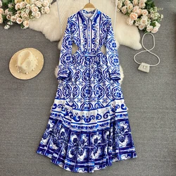 Autumn Floral Maxi Dress Women Runway Designer Holiday Single Breasted Blue White Porcelain Long Sleeve Midi Dresses Shirts Lady