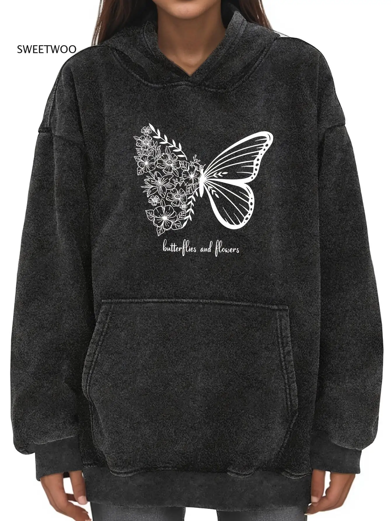 

Женская винтажная толстовка с капюшоном и бабочкой и цветочным принтом — черный рваный пуловер большого размера с капюшоном на шнурке