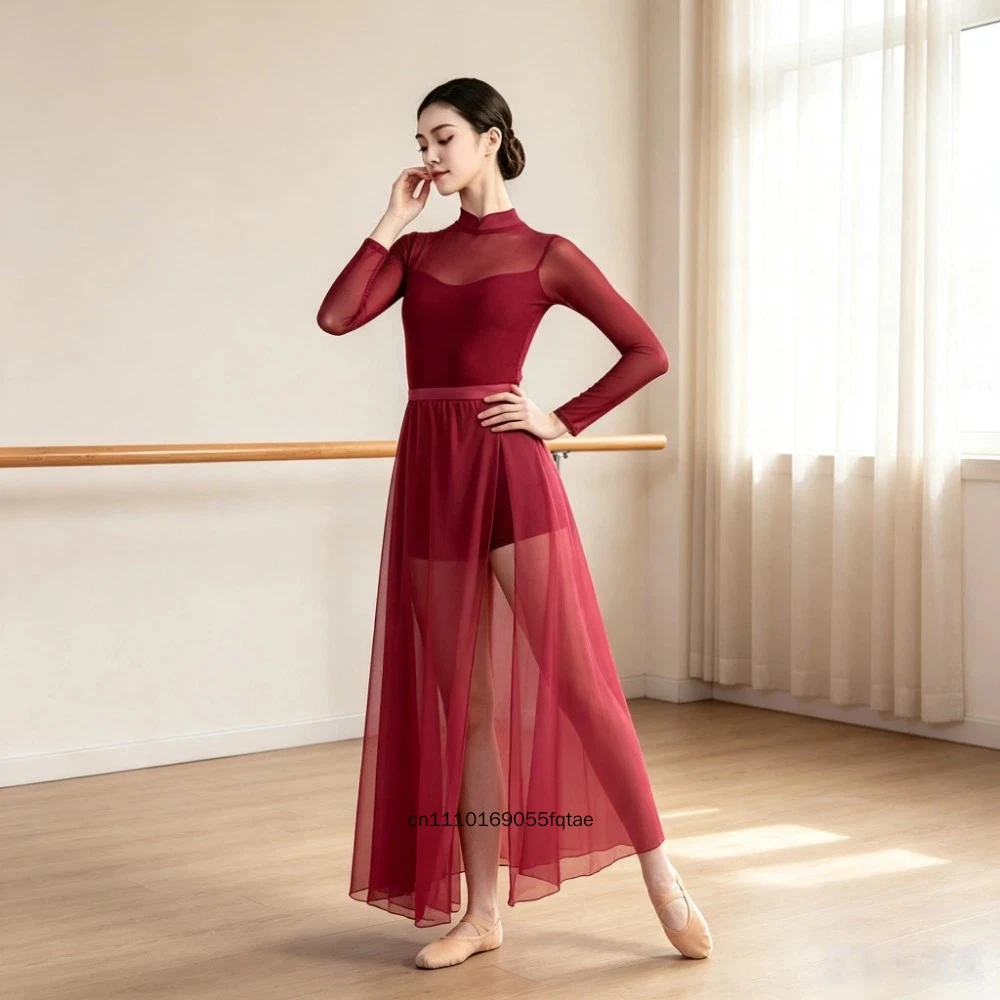 Women Modern Lyrical Dance Costume Sleeveless Rhinestone Split Mesh Leotard Dress For Ballet Gymnastics Ice Skating Performance