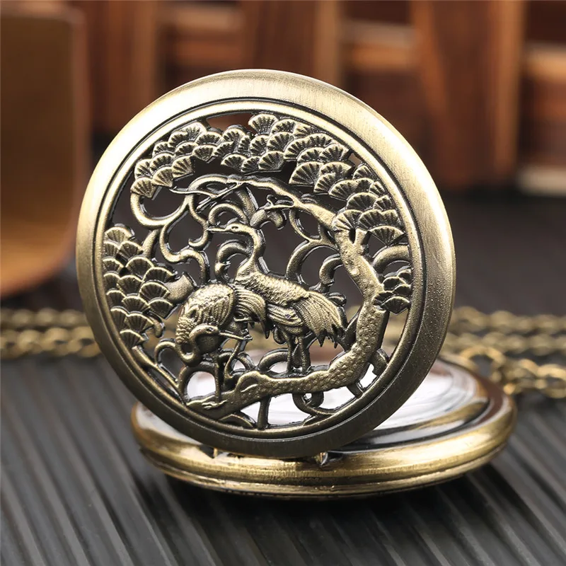 Vintage Style Crane Birds Pattern Men Women Quartz Analog Pocket Watch Arabic Number Display Pendant Necklace Chain Gift Reloj