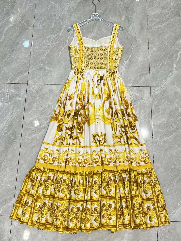 JUNLINNA Women 100% Cotton Dress Summer Fashion Spaghetti Strap Yellow Porcelain Printing Expansion Vestidos High Street Lady