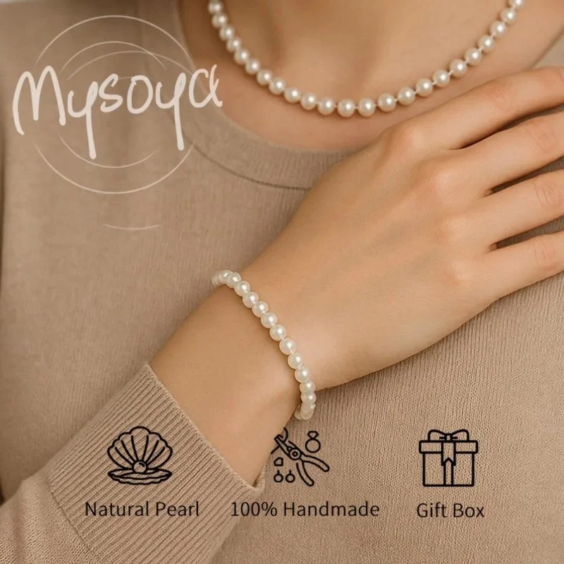 MYSOYA سوار لؤلؤ المياه العذبة البيضاء 6-7 مللي متر مع صندوق هدايا لها/عيد ميلادها/زفاف/عيد الميلاد/هدية السنة الجديدة