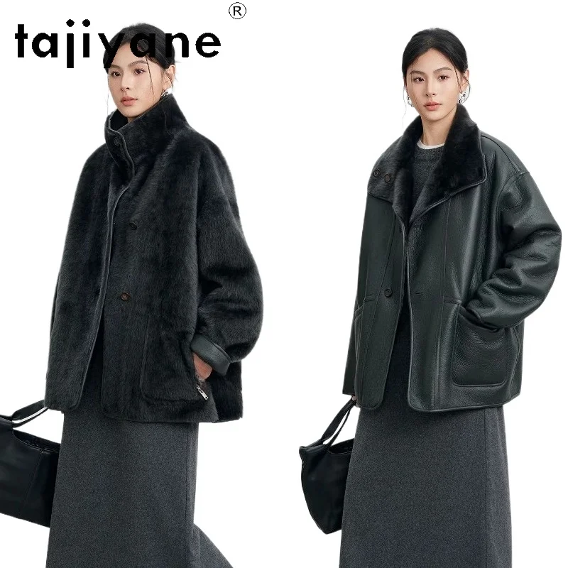 

TAJIYANE 100% Lagon Sheepskin with Wool Attached Jacket Women Stand Collar Reversible Real Fur Coat Winter Woman Clothing шуба