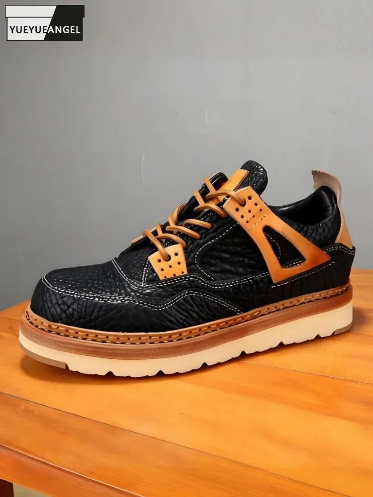 Trendy Men Handmade Cowhide Round Toe Mixed Color Comfortable Casual Shoes Hard Wearing Platform Genuine Leather Lace-Up Shoe