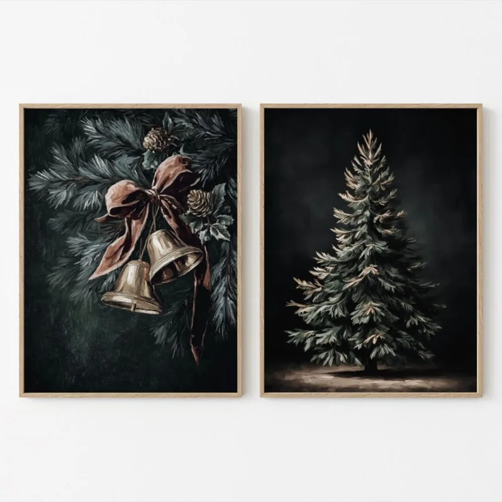 Frameless,Ringtone Retro Christmas,Cottage Brown Wall Gallery,Christmas Tree Painting Art,Digital Download,Living Room Decor