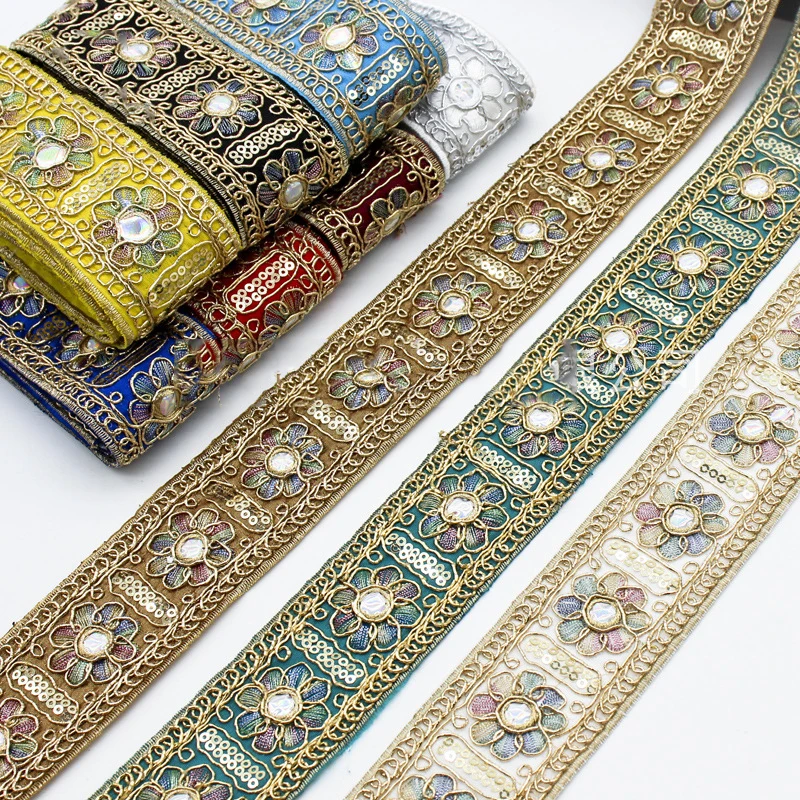 2-10 Yards bestickte Spitzenbänder, 45 mm, goldfarbener Faden, Pailletten, Band, Kleidungsstück, Kleid, Stoffbesatz, DIY-Nähzubehör