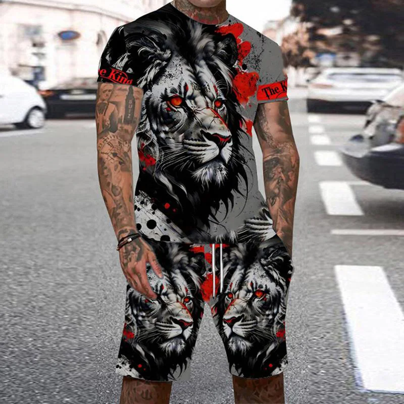 Animal Tiger Tracksuit 3D Print Men's Beach Suits Casual O-Neck Short Sleeve T-Shirt Shorts Sets Sportswear Men 2pcs Clothing - view 4