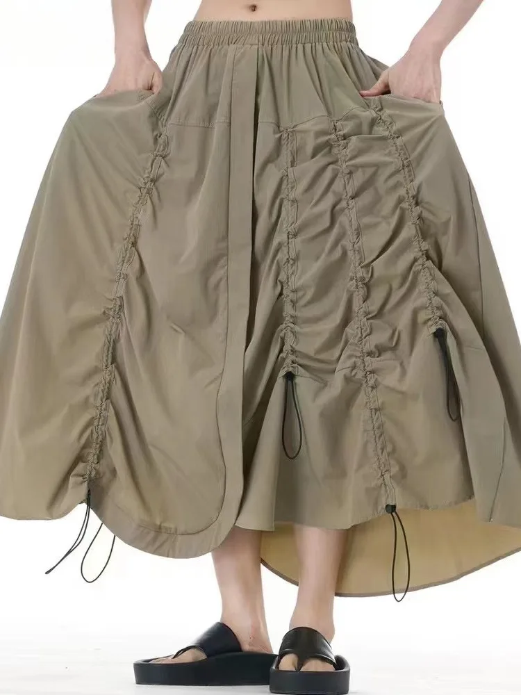 [EWQ] Elegant High Waist A-line Beautiful Ladies Clothing European Trendy Drawstring Design Khaki Irregular Skirt 2024 Autumn