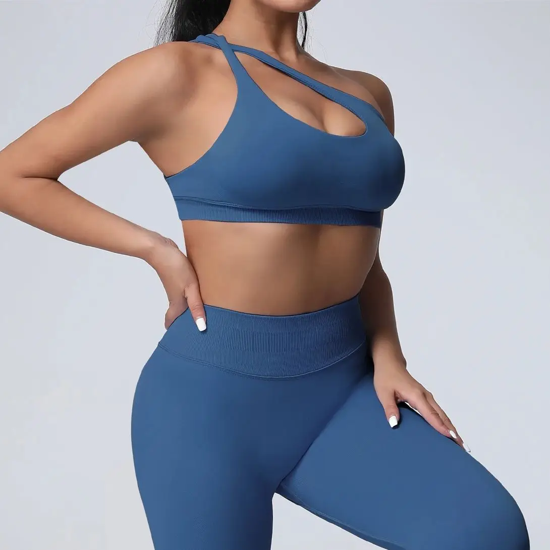 No Logo Women Asymmetry Bra Seamless Halter Top High Support Push-up Open Back Gym Wear Bicycle Yoga Workout Underwear