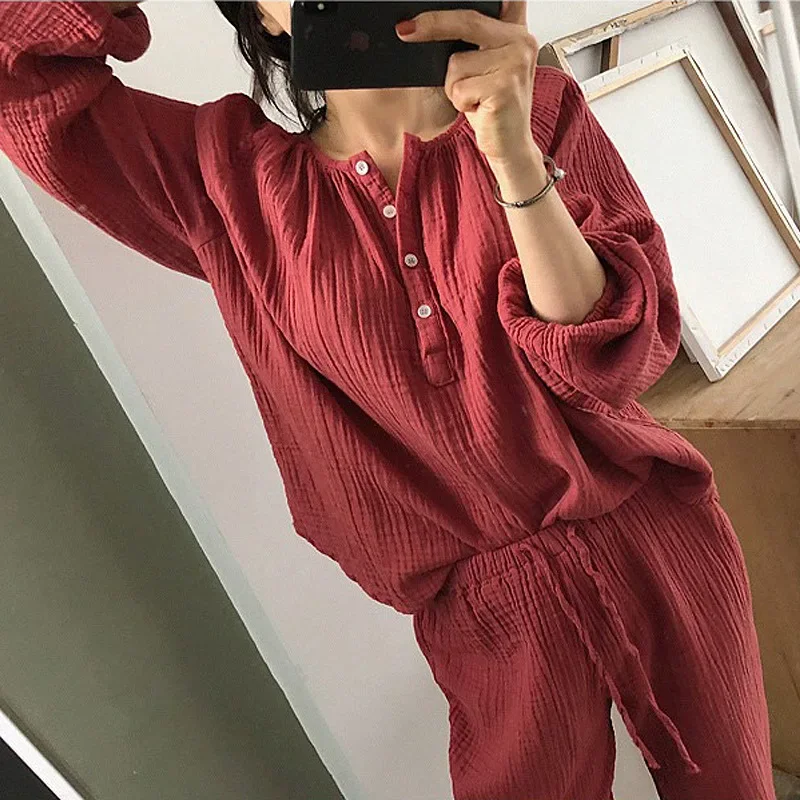 Muslin Pajamas For Women 100% Cotton 2 Pieces Sets Long Sleeve V-neck Button Up + Pants Outfits Sleepwear Home Casual Soft Suits