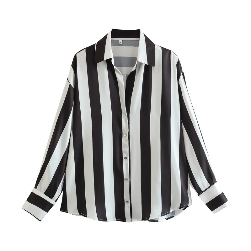 New Striped Print European and American Shirt Fashionable Lapel Commuter Women's Shirt Loose Casual Versatile Long-sleeved Tops
