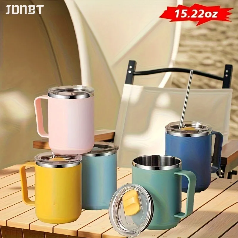 

450Ml Tea Milk Coffee Mugs With Handle and Straw Lids 304 Stainless Steel Double Wall Insulated Water Cup Couple Office Drinking