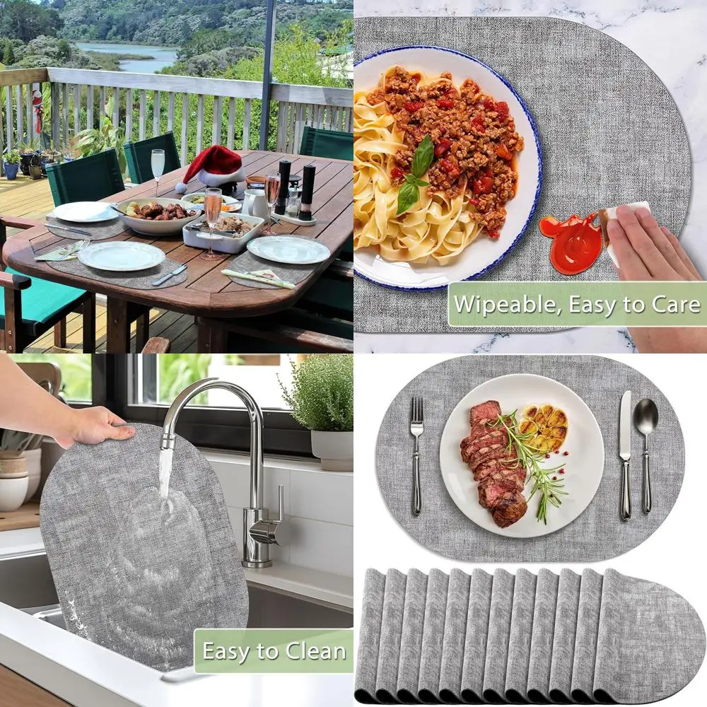 

Gray Waterproof Faux Leather Oval Placemats Set of 12, Non-Slip, Washable, Heat Resistant for Indoor/Outdoor Use