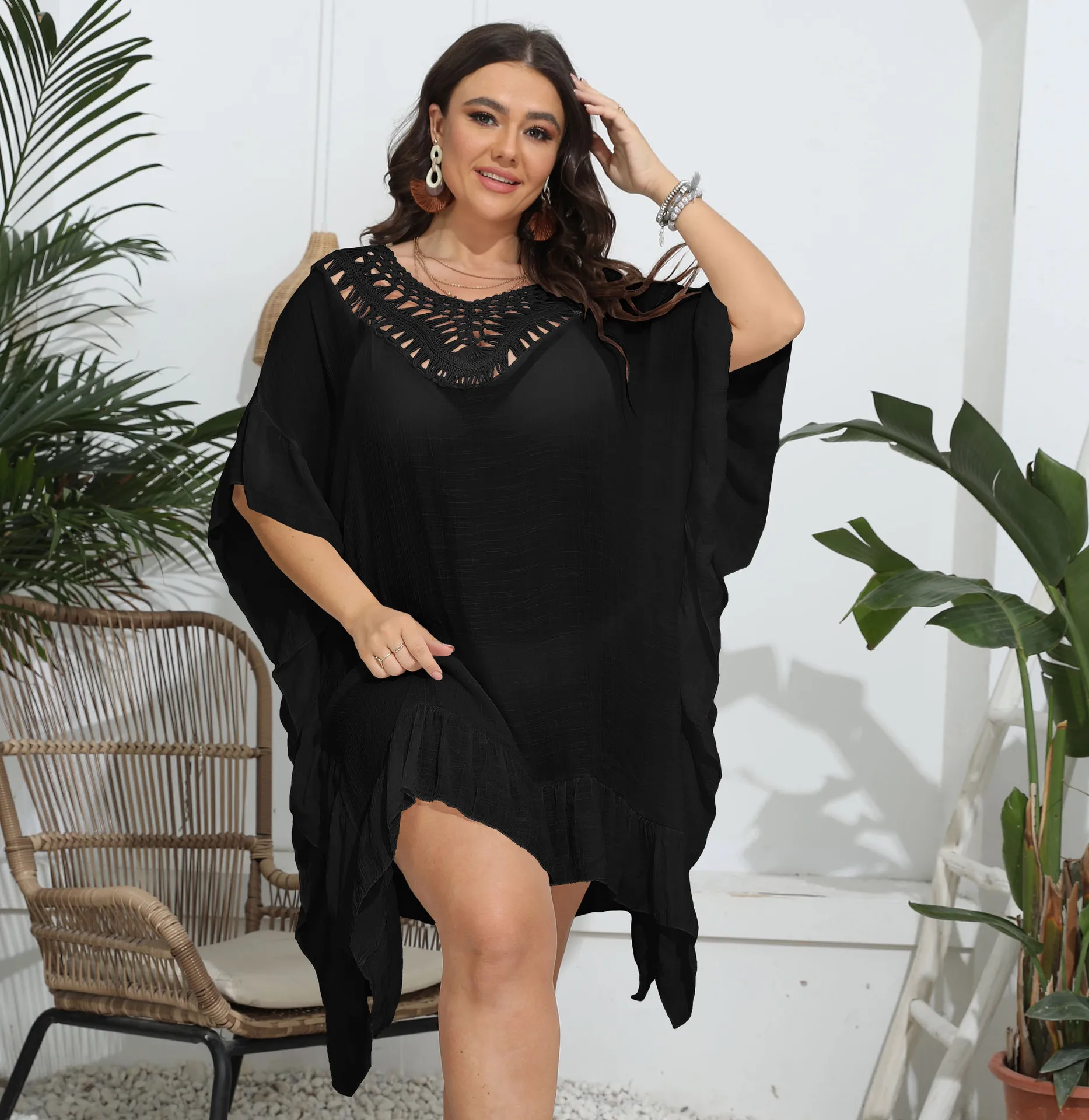 Plus size oversize babados oco crochê pescoço feminino banho bikini cover ups casual vestido de praia túnica branco preto