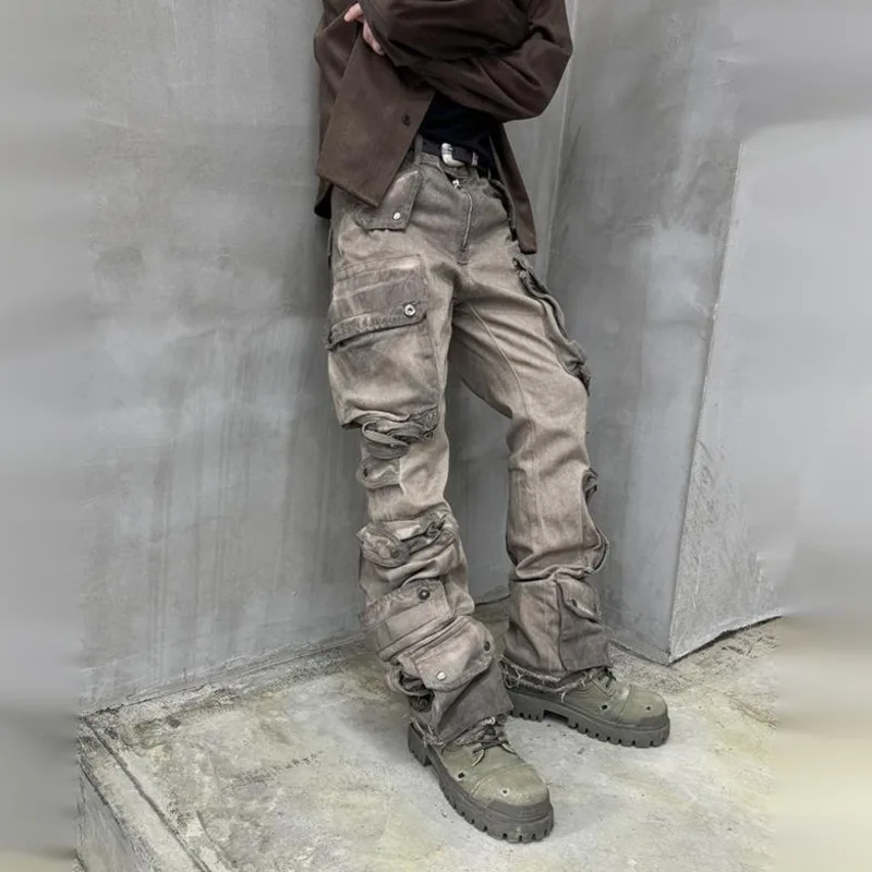 HKSH Autumn New Men Punk Waste Land Heavy Washed Cargo-Pants Jeans High Street Multi-Pockets Wide-Leg Flared Denim Pants HK14541
