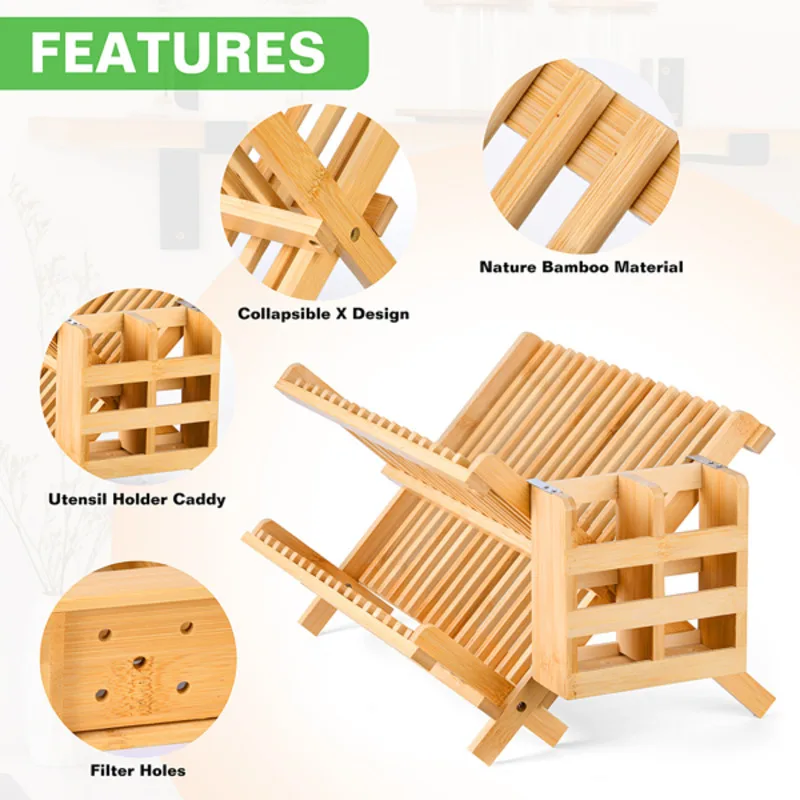 

2 Tier Bamboo Drying Foldable Wooden Drainer With Utensil Holder Space Saving Kitchen Countertop Dish Rack