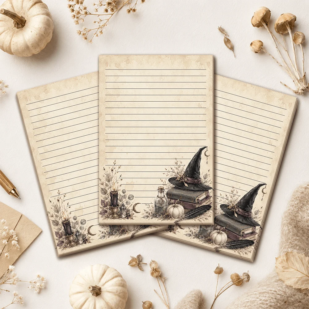 50 Sheets,  Vintage Dark Magic Witch Hat Writing Paper, Lined, Glue-free, Highly Suitable For Notebooks, Memos, And Stickers