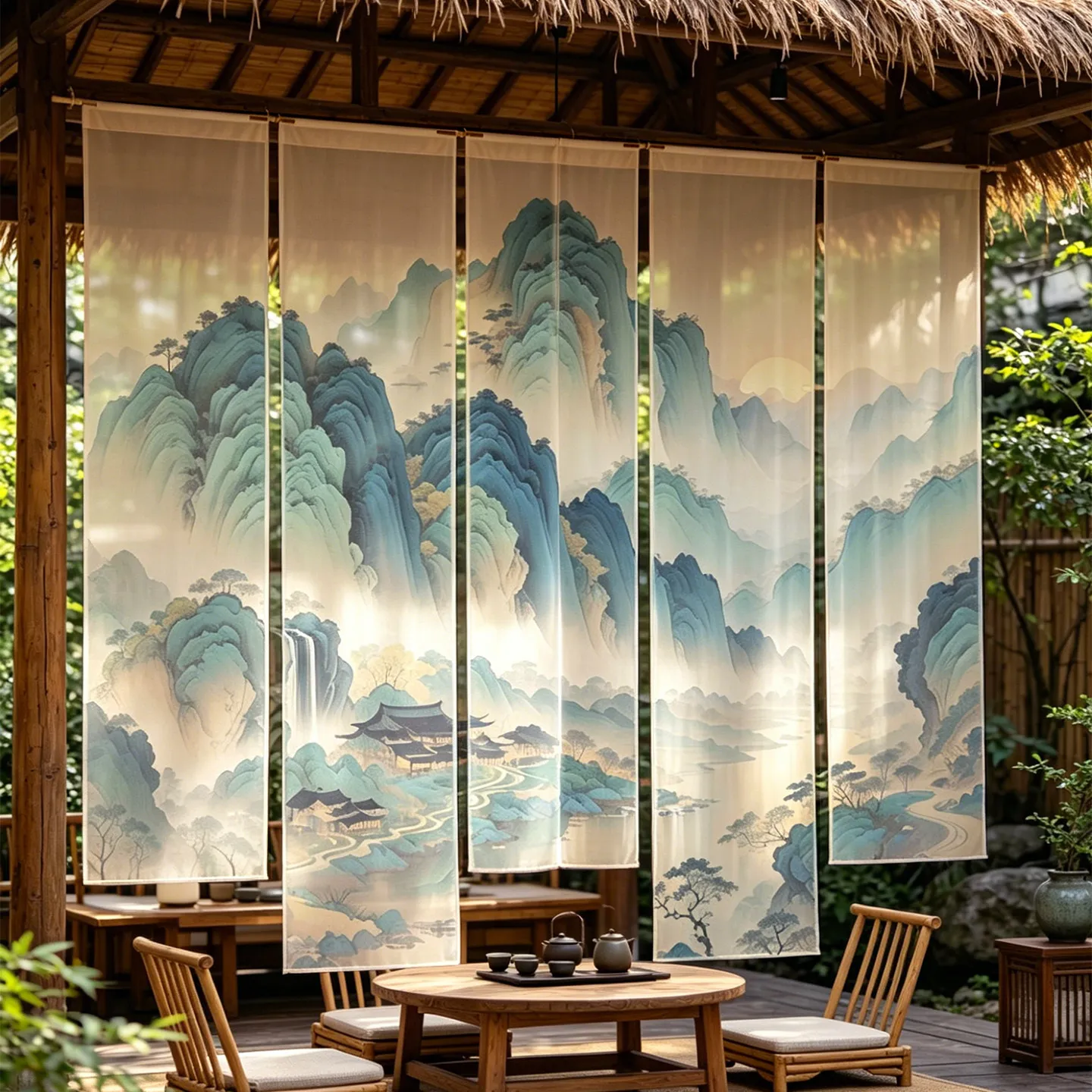 Oriental Landscape Noren Hanging Room Divide– Light Filtering Sheer Drape for Meditation Studio, Cafe & Photography Backdrop
