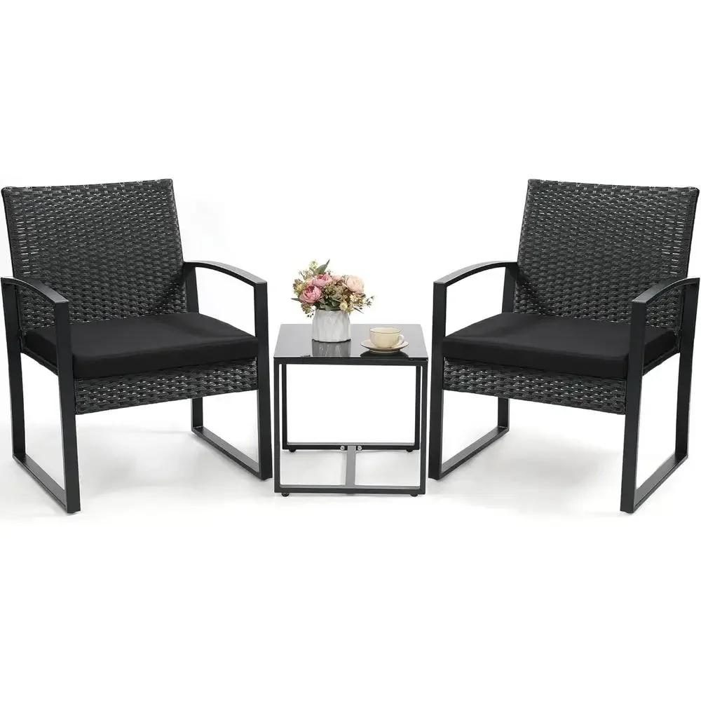 3-Piece Wicker Patio Bistro Set with Rattan Chairs and Coffee Table for Balcony, Porch, Garden, Yard, or Poolside - Black with B