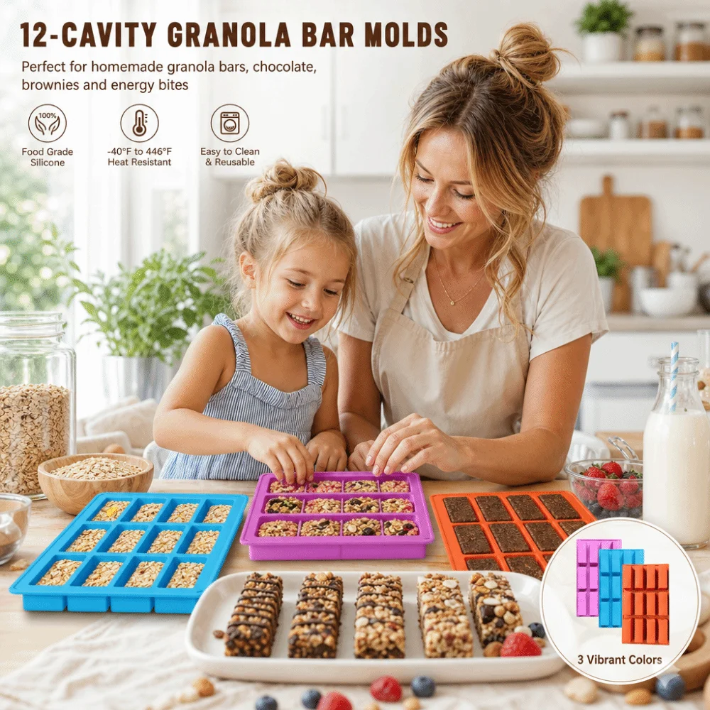 Moldes de Silicona Rectangulares Reutilizables para Dulces, Molde Antiadherente para Barras de Granola de 12 Cavidades, Molde para Barras de Chocolate, Regalos de Cumpleaños