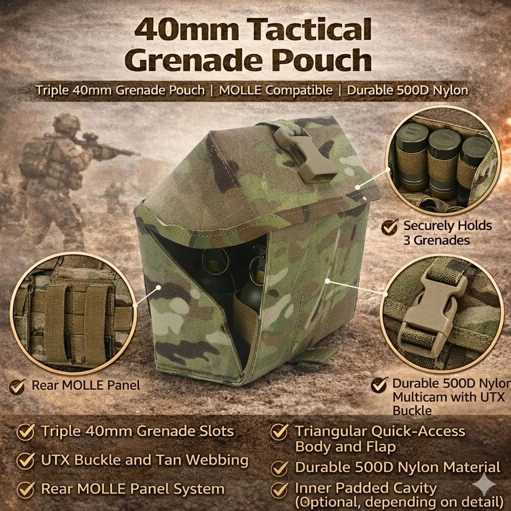 Tactical 40mm MOLLE Pouch Triple Grenade Holder Belt Mounted Magazine Bag Durable Nylon Military Utility Bag