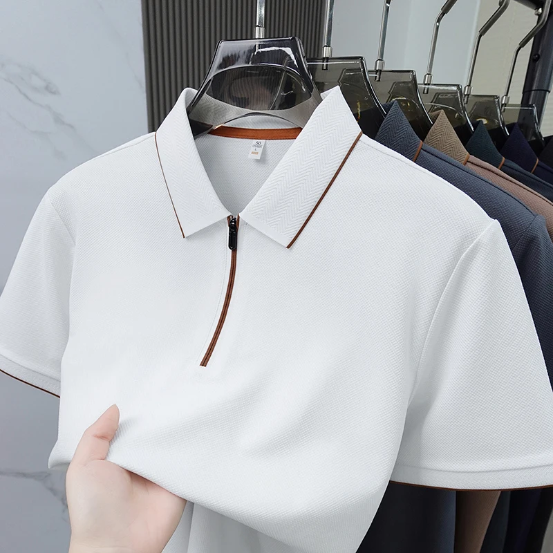 Light luxury brand short sleeved men polo shirt summer fashion lapel metal half zipper design boutique top cotton casual T-shirt