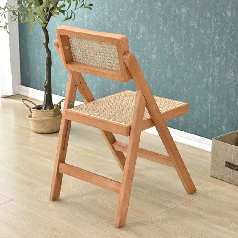 Household Solid Wood Rattan Chairs Foldable Backrest Single Person Chair Homestay Restaurant Dining Chairs Weaving Chair Stool