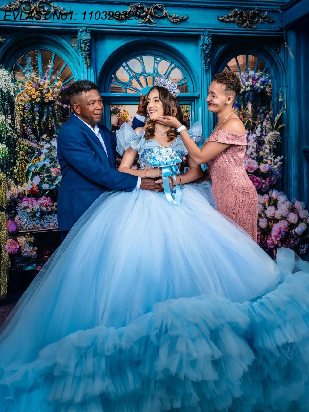 فستان Quinceanera لامع باللون الأزرق السماوي مخصص من EVLAST فستان حفلة مزين بالدانتيل مطرز بالخرز متدرج حلو 16 فيستدوس دي 15 أنوس E1QN511