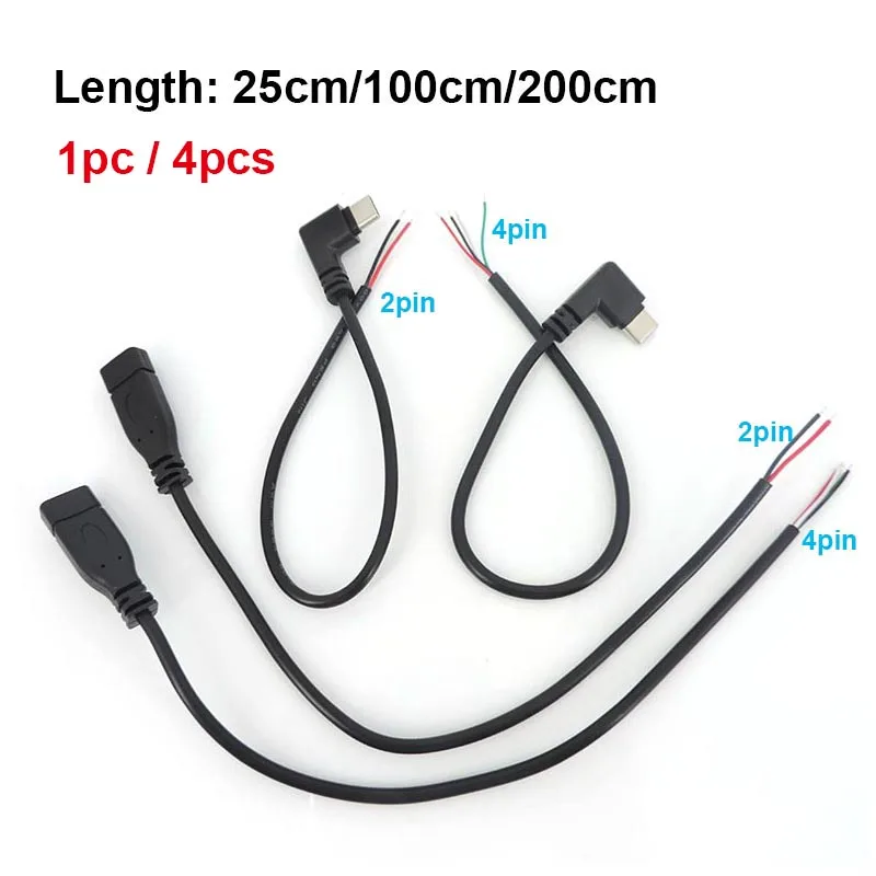 

2 4 core pin wire USB 2.0 Type C Male female elbow type c Cable right angle Plug Connector USB C DIY Repair data Charging cord