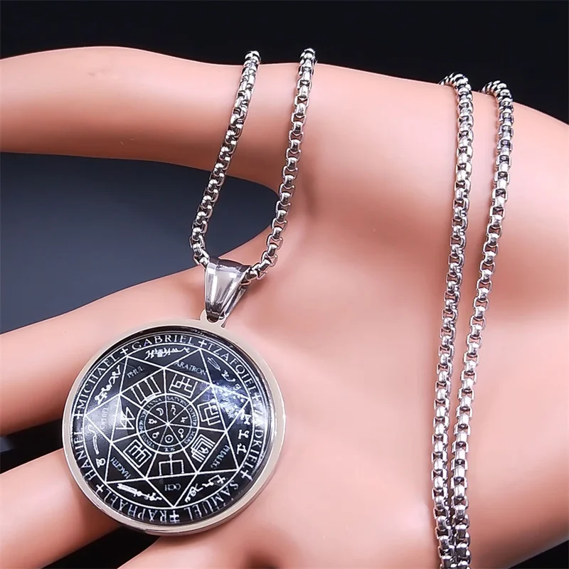 Seal of Seven Archangels Medal Stainless Steel Glass Necklace Seal of Solomon Talisman Necklace Protection Jewelry collar hombre