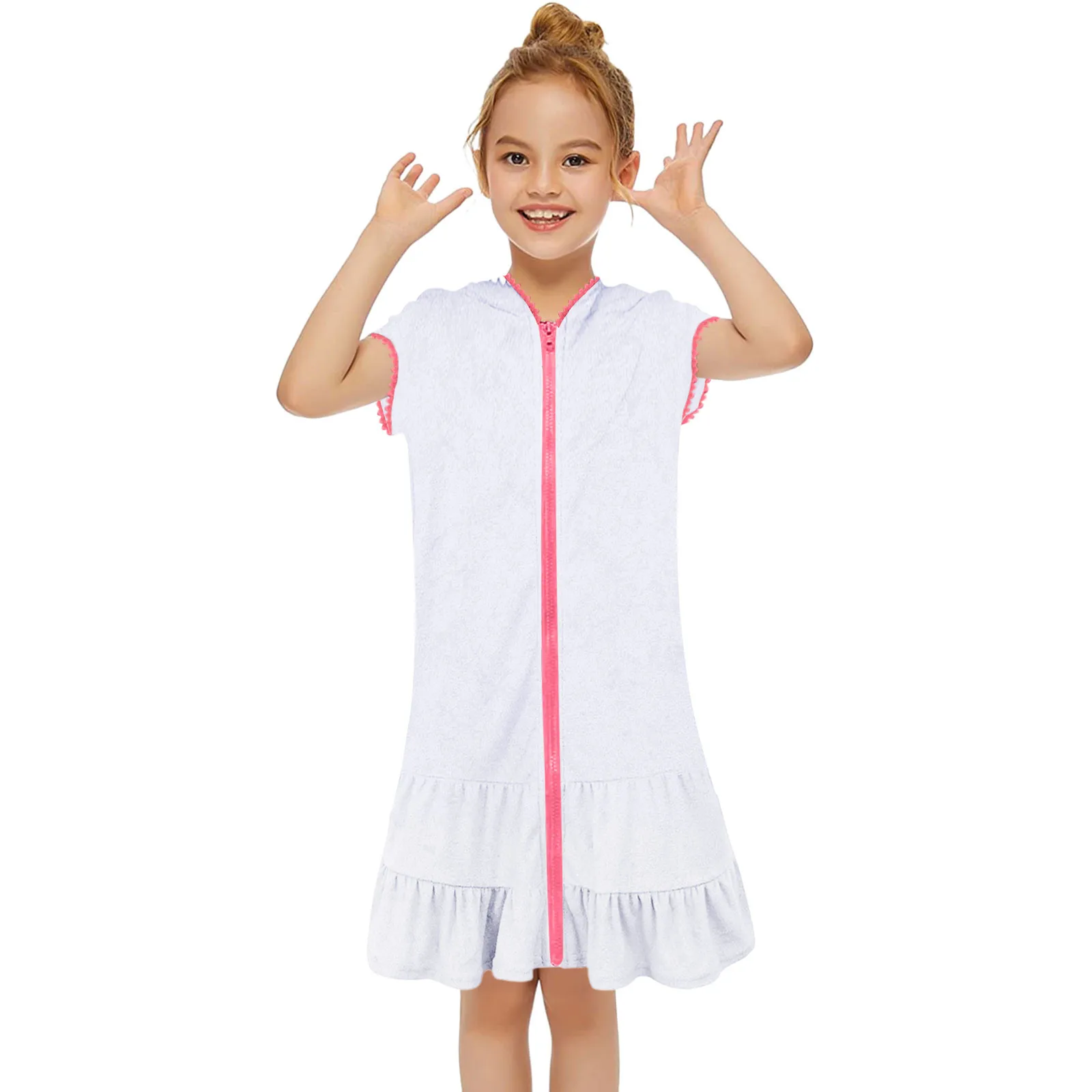 

3T 7T 11T Kids Girls Swim Cover Up Swimsuit Coverup Zip Up Beach Bathing Suit Hooded Bathrobe Absorbent Towels Kids Beach Dress