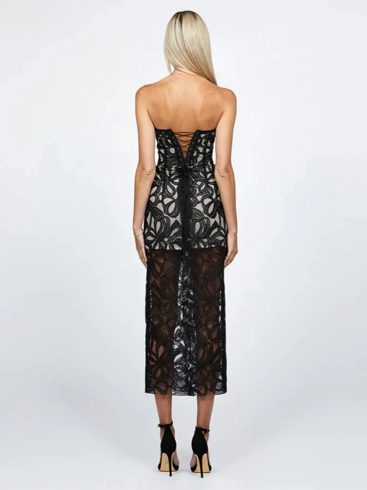 Sexy trägerloses Spitzen-Blumen-Bodycon-Kleid für Damen, schwarz, ärmellos, rückenfrei, mit Schnürung, Midi-Kleider, Promi-Abend-Party-Kleider