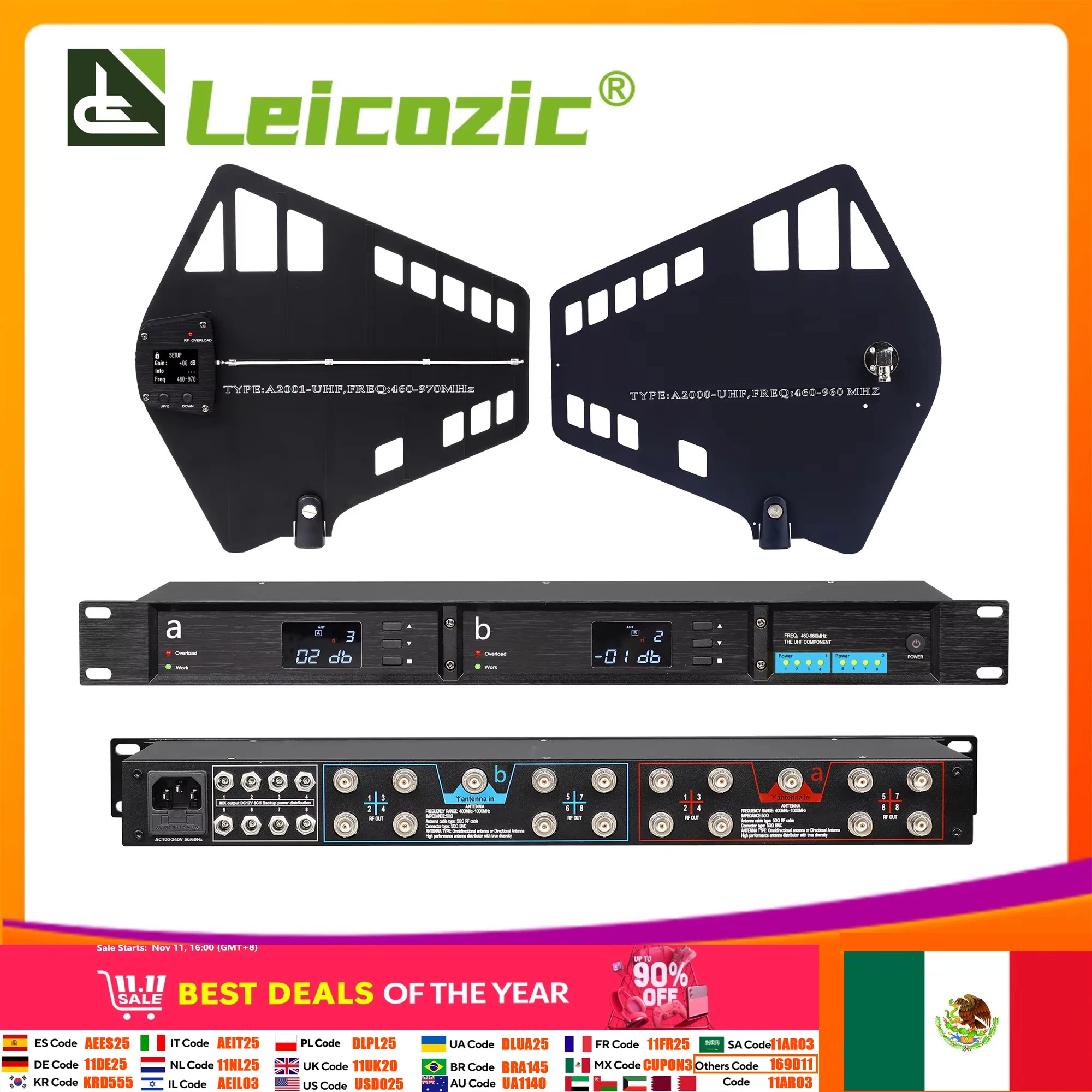 Leicozic UA80-A2021 UHF Wideband Antenna Splitter 450-1000MHZ RF Signal Antena Directional BNC-BNC Coaxial Cables 16Grounps