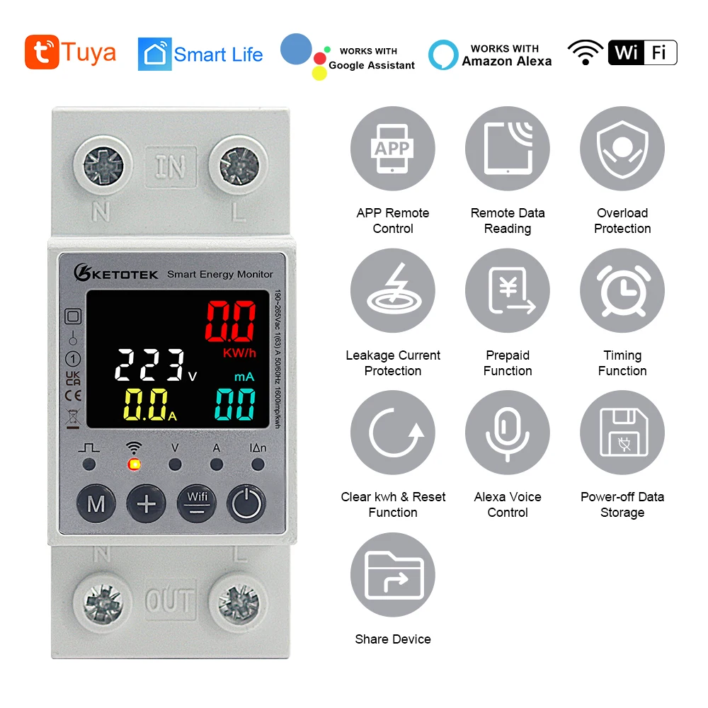 

WIFI Din Rail Smart Energy Power Meter KWH AC Single Phase 63A 220V Voltmeter Ammeter Wattmeter Remote Switch Control Monitor