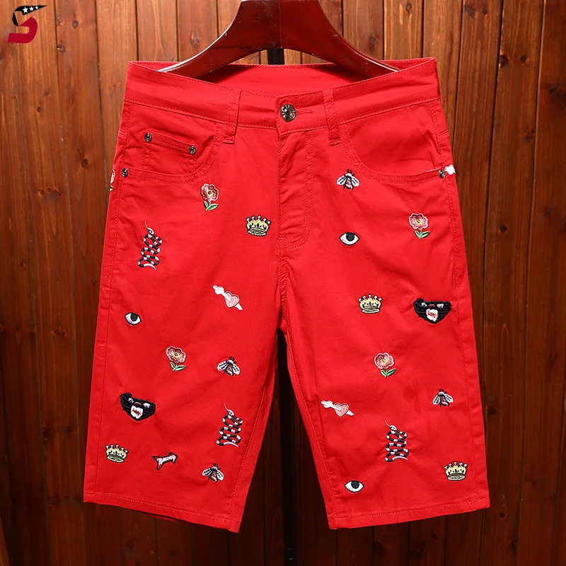 Red jeans shorts for men's summer embroidered slim fit straight leg elastic personalized street trend denim capris