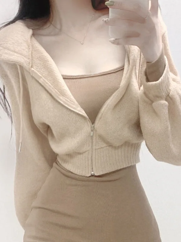 Top Cappotti 2025 Autunno Versione coreana Manica lunga con cappuccio Cerniera Cardigan lavorato a maglia + Abito lungo sexy con scollo a U Abito lungo solido Set a due pezzi
