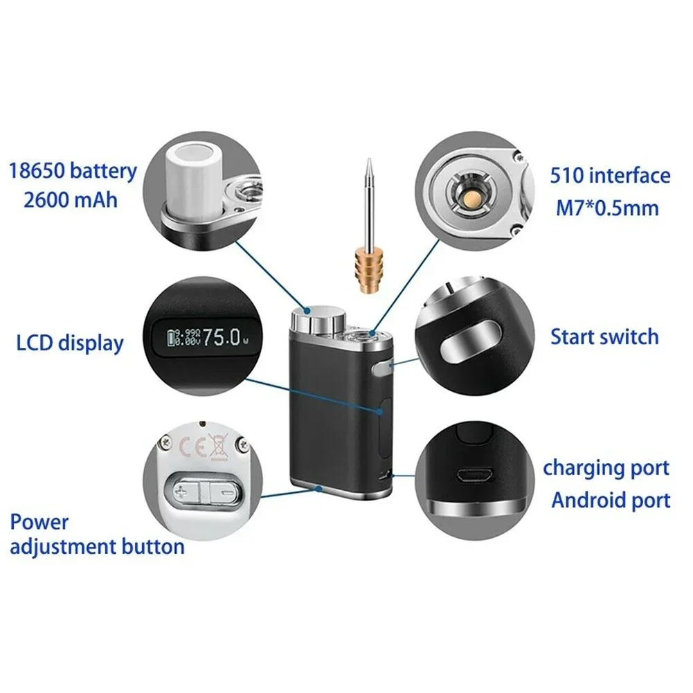 Rechargeable 1-75W（18 650） Battery Soldering Iron Portable Charging Soldering Iron 2600mAh Wireless USB Soldering Iron Tip Sets