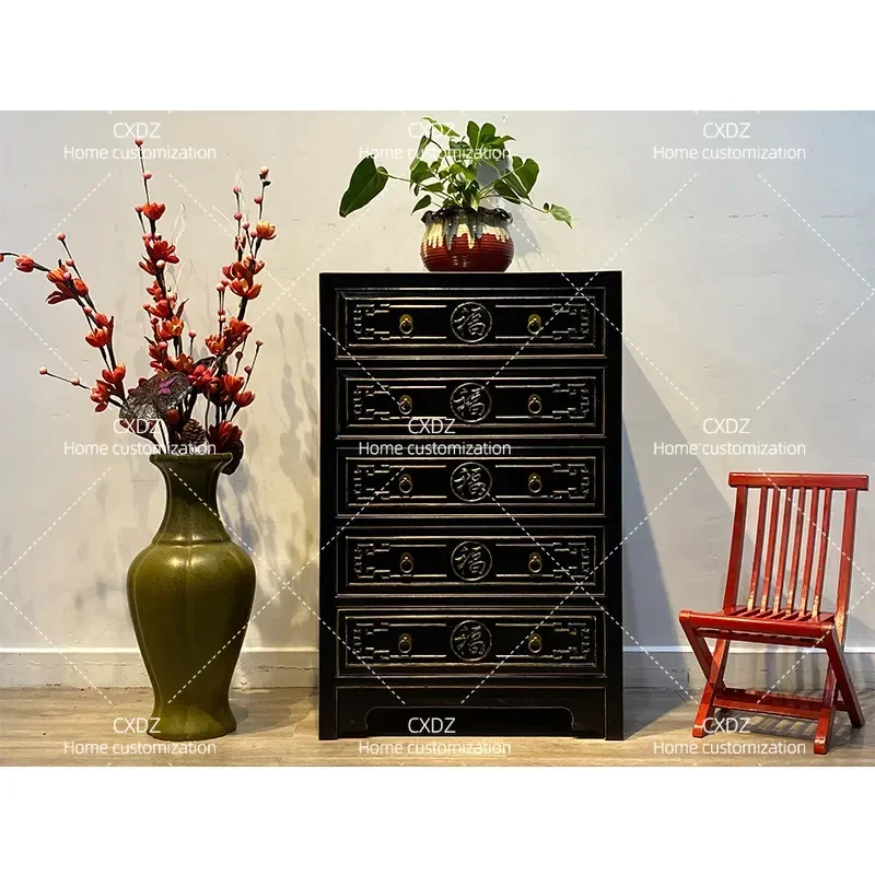 Chinese solid wood chest, retro storage locker, decorative cabinet, bedroom decoration, elm chest, engraved gold-painted new