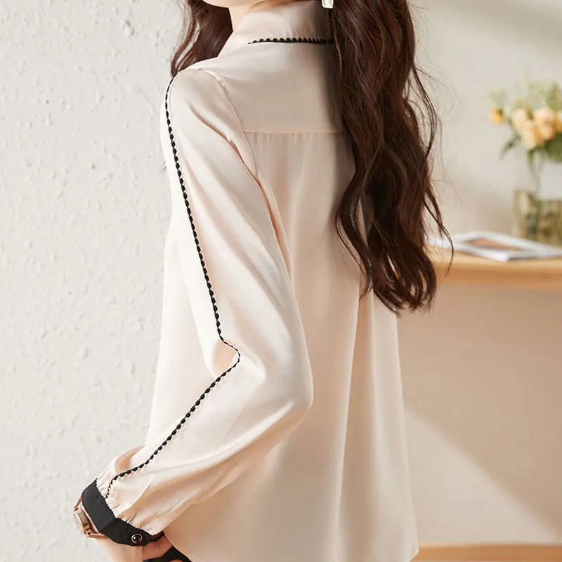 Women\'s Clothing Commute Solid Color Blouse 2024 Spring Autumn Single-breasted Stylish Lapel Korean Bright Line Decoration Shirt