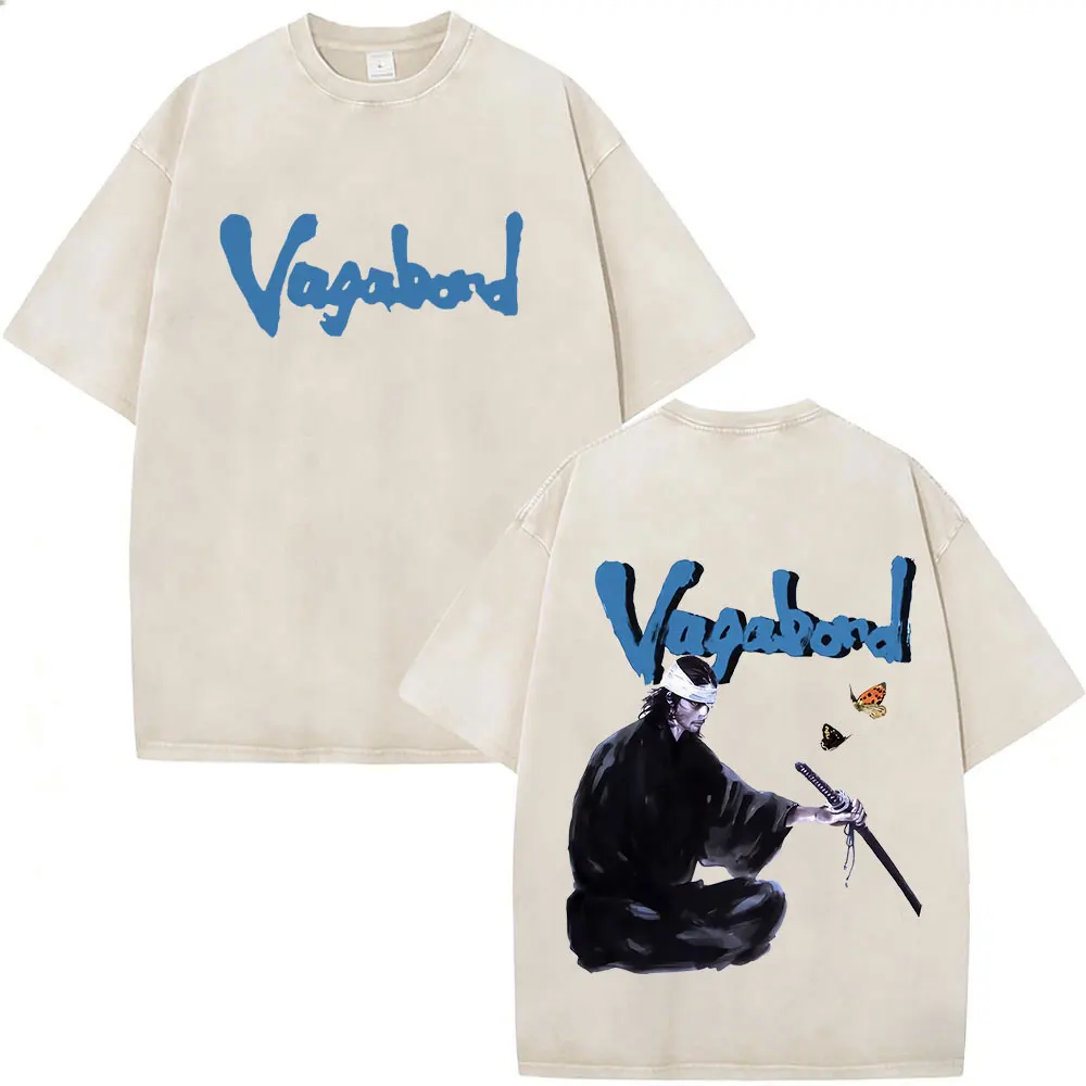 Vintage Washed Anime Vagabond Miyamoto Musashi Cool T-shirts Men Women Clothing Casual Fashion Short Sleeve T Shirts Streetwear