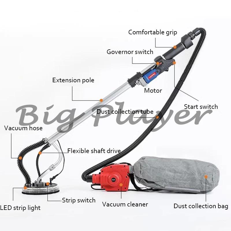 

Self-suction Variable Speed Electric Long Handle Giraffe Wall Putty Polisher Drywall Sander Grinding Machine with LED Light Bag