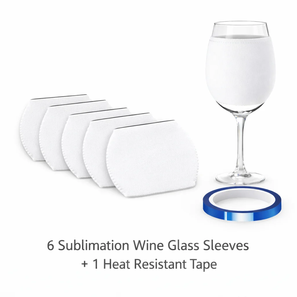 6PCS Sublimation Wine Glass Sleeves Set with Heat-Resistant Tape – Reusable Wraps for Heat Press Transfer Projects