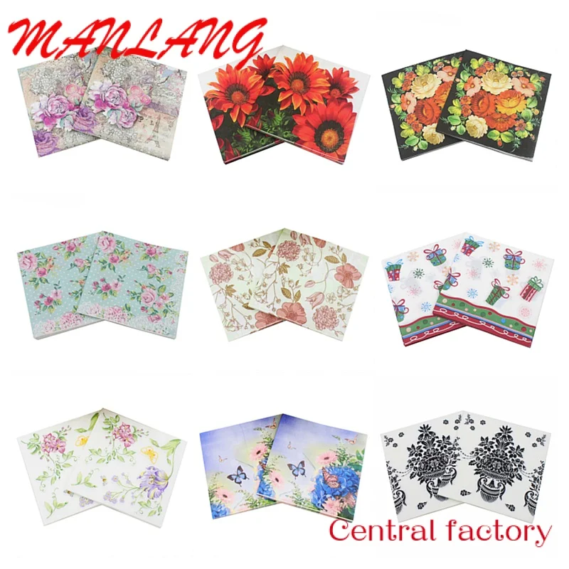 Custom  Napkins Paper Flower Pattern Decoupage Napkin Paper Tissue for Xmas Wedding Decor Party Table Supplies