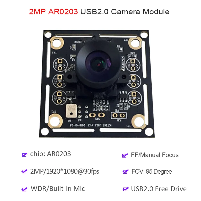 

Плата модуля камеры 2 МП 1080P AR0203 USB2.0 WDR без искажений 95 ° Веб-камера OTG со встроенным микрофоном FF с фиксированным фокусом, 30 кадров в секунду, UVC и свободным приводом