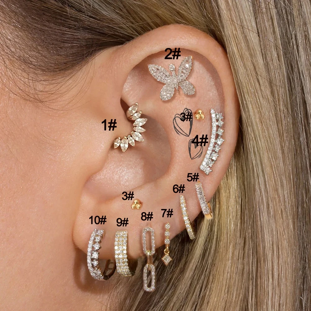 Dainty 1 adet buzlu Out CZ Hoop küpe kadınlar için kelebek kulak Piercing kıkırdak Daith sarmal Conch Tragus damızlık Piercing takı