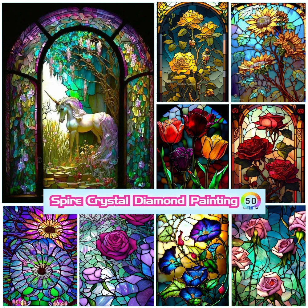 

Stained Glass 5D Crystal Diamond Painting Full Drills Unicorn Lotus Rose Flowers Embroidery Cross Stitch Art Mosaic Home Decor