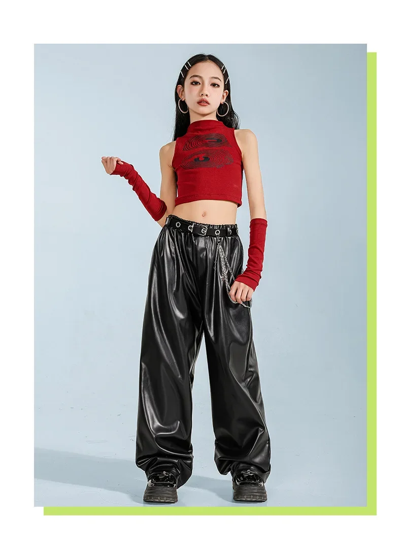 Neues Jazz-Tanzkostüm für Kinder, modische Weste, Lederhosen-Set, Tanzkostüm für Mädchen, Streetdance-Kostüm für Mädchen – Detail 13