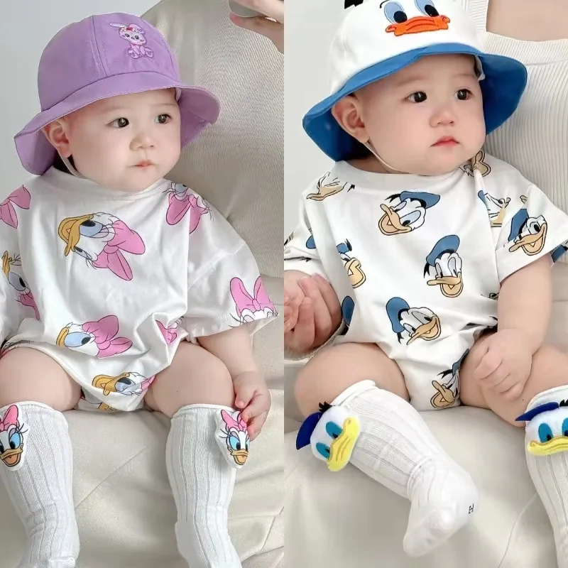 New Summer Baby Girl Boy Rompers Newborn Socks Hat Clothes Short Sleeve Cartoon Daisy Donald Duck Infant Bodysuits K594